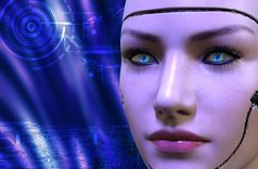 呈现女机器人脸呈现女机器人脸蓝色的背景与电子电路