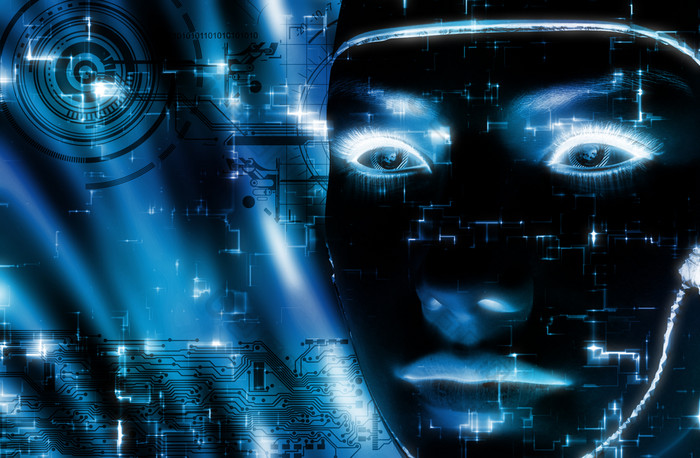 呈现女机器人脸蓝色的科技背景呈现女机器人脸