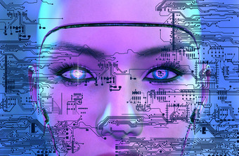 女机器人脸与电子电路呈现女机器人脸与电子电路