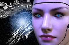 呈现女机器人脸黑暗背景与电子电路呈现女机器人脸