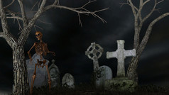 骨架令人毛骨悚然的墓地晚上呈现骨架令人毛骨悚然的墓地
