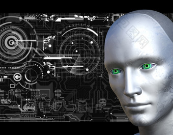 机器人脸与电子电路背景:呈现机器人脸与电子电路背景