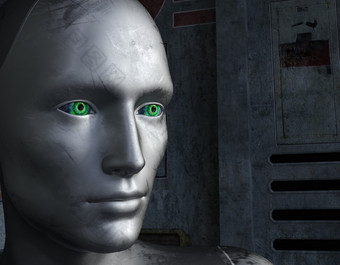 机器人脸与绿色眼睛未来主义的背景呈现机器人脸与绿色眼睛未来主义的背景