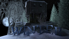 冬天小屋的山对月光天空与文本呈现冬天小屋的山对月光天空与文本