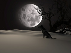 插图狼在的完整的月亮冬天与令人毛骨悚然的树呈现插图狼在的完整的月亮冬天与令人毛骨悚然的树