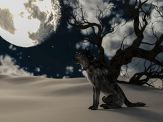 插图狼在的完整的月亮冬天与令人毛骨悚然的树呈现插图狼在的完整的月亮冬天与令人毛骨悚然的树