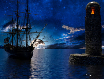 海盗sailship附近的老灯塔与火<strong>月光</strong>呈现海盗sailship附近的老灯塔与火<strong>月光</strong>