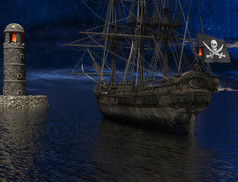 海盗sailship附近的老灯塔与火月光呈现海盗sailship附近的老灯塔与火月光