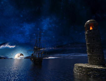 海盗sailship附近的老灯塔与火<strong>月光</strong>呈现海盗sailship附近的老灯塔与火<strong>月光</strong>