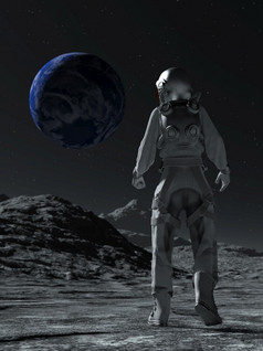 宇航员的太空行走的月亮看的地球呈现宇航员的太空行走的月亮看的地球