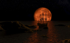 帆船的完整的红色的月亮呈现帆船的完整的红色的月亮