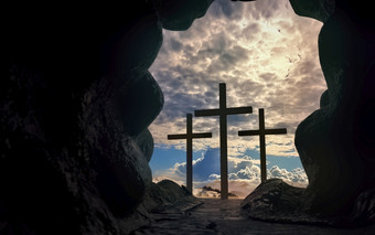 轮廓基督交叉从打开墓的复活概念呈现轮廓基督交叉从打开墓的复活概念