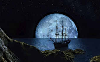 帆船的完整的蓝色的月亮呈现帆船的完整的蓝色的月亮
