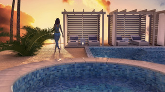 年轻的女孩欣赏的日落附近的酒店游泳池的海滩呈现年轻的女孩欣赏的日落附近的酒店游泳池的海滩