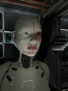 Cyborg女人未来主义的空间走廊呈现Cyborg女人人形
