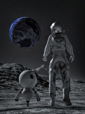 宇航员和小机器人的太空行走的月亮看的地球呈现宇航员和小机器人的太空行走的月亮看的地球