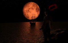 海盗帆船的完整的红色的月亮的海盗女人站岩石呈现海盗帆船的完整的红色的月亮的海盗女人站岩石
