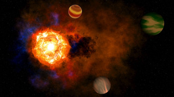 插图色彩斑斓的太阳能系统与三个行星那轨道的太阳呈现色彩斑斓的太阳能系统与三个行星那轨道的太阳深空间插图