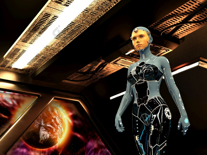 Cyborg与的脸真正的年轻的女人的星际飞船概念上的未来主义的仿生学和人工情报呈现Cyborg与的脸真正的年轻的女人的星际飞船概念上的未来主义的仿生学和人工情报