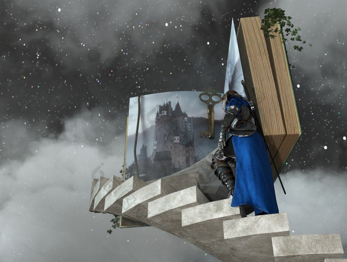 骑士攀爬楼梯的故事书的云呈现骑士攀爬楼梯的故事书的云