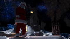 圣诞老人老人走的屋顶和烟囱的圣诞节晚上与月光呈现圣诞老人老人走的屋顶的圣诞节晚上