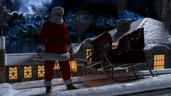 圣诞老人老人走的屋顶和烟囱的圣诞节晚上与月光呈现圣诞老人老人走的屋顶的圣诞节晚上