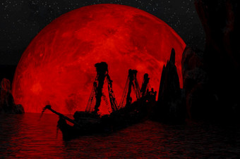 鬼帆船的红色的月亮<strong>夜间</strong>呈现鬼帆船的红色的月亮<strong>夜间</strong>