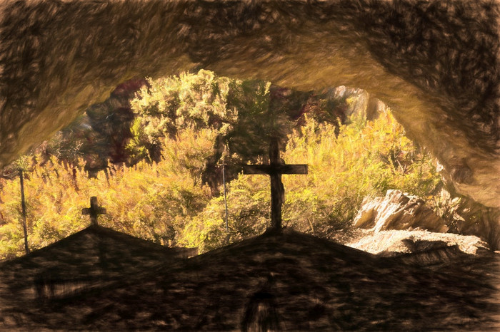 要快乐索菲亚教堂的入口洞穴基西拉岛希腊数字油漆要快乐索菲亚教堂的入口洞穴基西拉岛