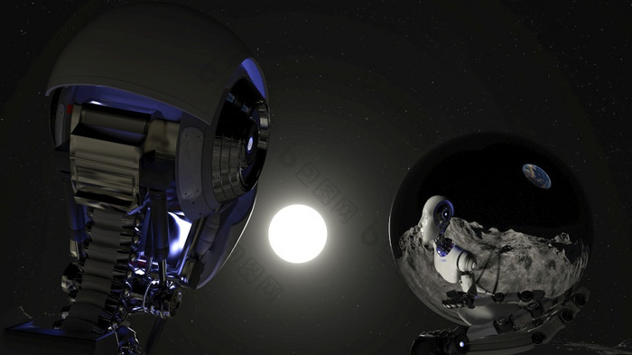 Cyborg的太空行走的月亮看的太阳和持有球呈现Cyborg的太空行走的月亮看的太阳和持有球