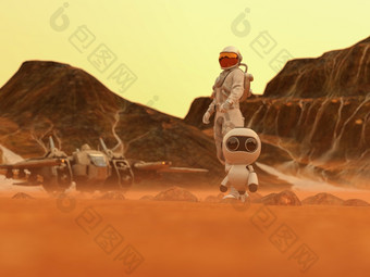 宇航员和小机器人的太空行走沙漠地球与宇宙<strong>飞船</strong>的回来呈现宇航员和小机器人的太空行走沙漠地球与宇宙<strong>飞船</strong>的回来