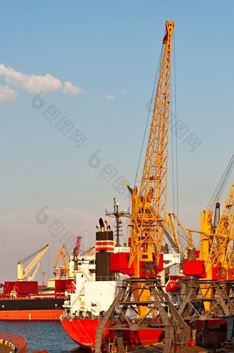 港口起重机工作的加载的船敖德萨海港口图片采取的早期日落