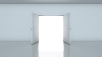 渲染光空房间通过的打开门门口揭示明亮的光无趣的灰色房间