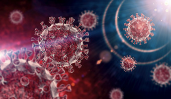 冠状病毒新冠病毒微观病毒电晕病毒疾病插图呈现病毒蓝色的和红色的背景