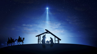 圣诞节场景与闪烁的星星和更明亮的明星伯利恒与基督<strong>诞生</strong>字符动画动物和树基督<strong>诞生</strong>圣诞节故事下布满星星的天空和移动纤细的云