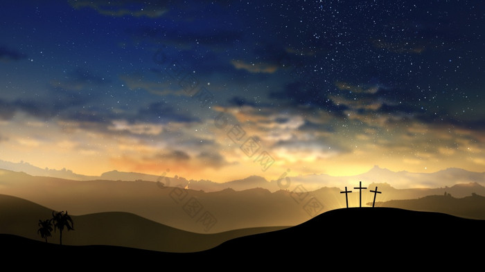 三个十字架的山与云移动的布满星星的天空复活节复活新生活救赎概念