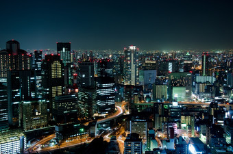 大阪天际线晚上天际线大阪城市日本晚上与很多灯