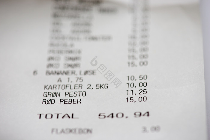 丹麦轴马力收据购物收据与丹麦单词而且数字