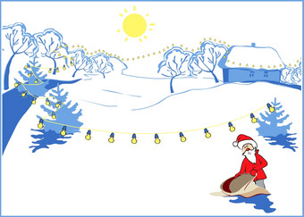 圣诞老人老人与空袋白雪覆盖的农村新一年rsquo冬天一天