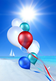 玩具气球飙升的的蓝色的天空在海