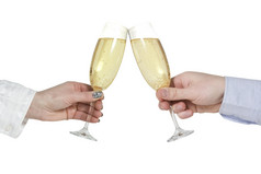 两个手与香槟眼镜孤立的白色背景