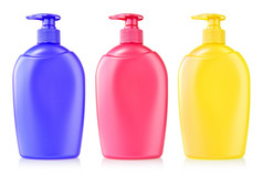 三个颜色塑料瓶与液体肥皂