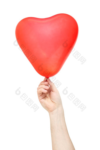 手持有红色的气球的形状心孤立的白色背景
