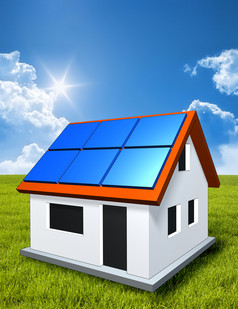 图像绿色房子的太阳与太阳能面板