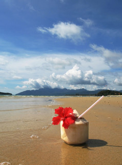 椰子鸡尾酒的桑迪海滩朗考岛马来西亚