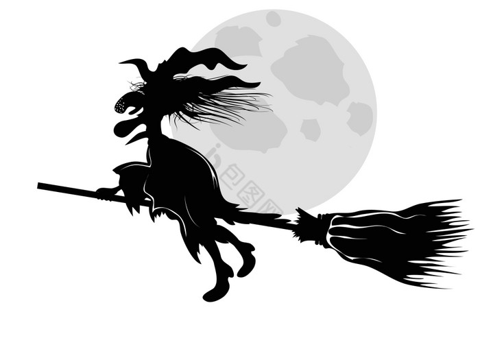 孤立的的女巫轮廓飞行下月亮图片