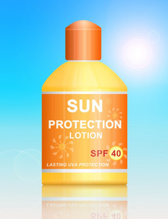 插图描绘单乌瓦防晒系数太阳保护乳液瓶安排在充满活力的蓝色的光效果背景