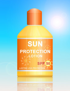 插图描绘单乌瓦防晒系数太阳保护乳液瓶安排在充满活力的蓝色的光效果背景