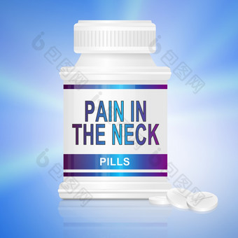 插图描绘单药物治疗容器与的单词rsquo疼痛的脖子药片rsquo的前面与蓝色的背景
