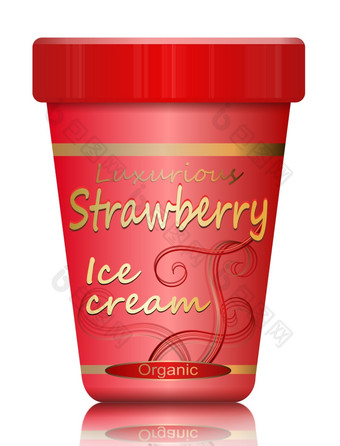插图描绘单<strong>草莓</strong>冰奶油容器安排在白色