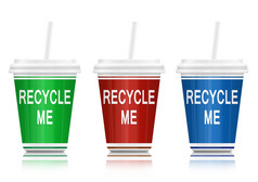 插图描绘三个喝容器与回收概念安排在白色